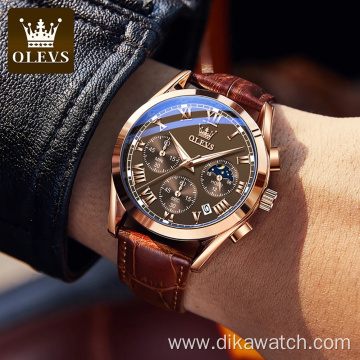 OLEVS Luxury Leather Watch Casual Business Man Quartz Six Needle Rose Gold Chronograph Color Sport Watches Luminous Wristwatch